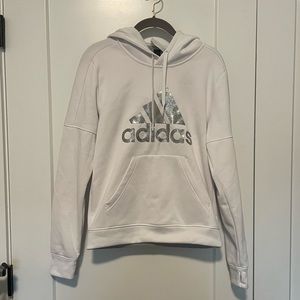 Adidas white hoodie with grey glitter logo